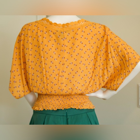 Forever 21 Orange Ditsy Floral Smock Dolman Short Sleeve Blouse Women’s Top Sz M - Picture 5 of 13
